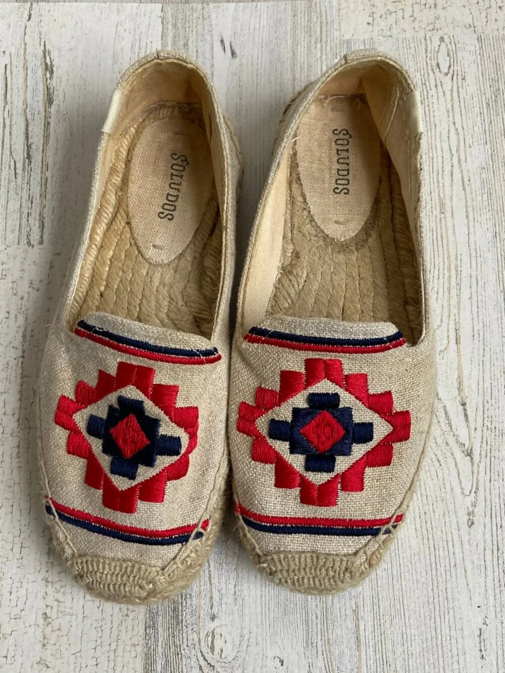 Soludos Size 7.5 Embroidered Espadrille Flats Canvas Slip On Shoes